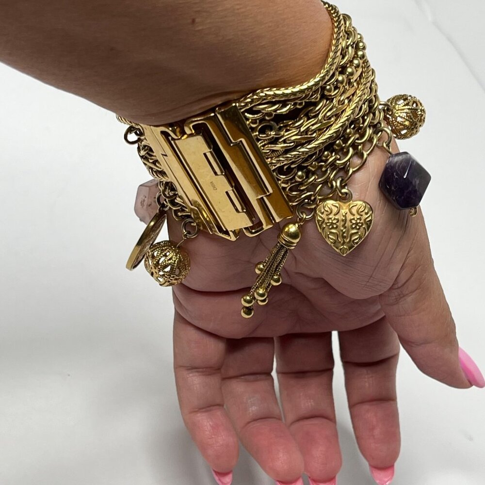 Rare Vintage Betsy Johnson Multi-Chain Gold-Tone Charms Bracelet with Watch - Picture 3 of 8